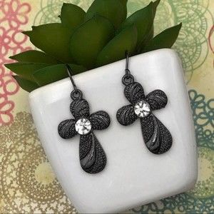 🍀Dark Gun Metal Grey Black Christian Cross Rhinestone Dangle Earrings